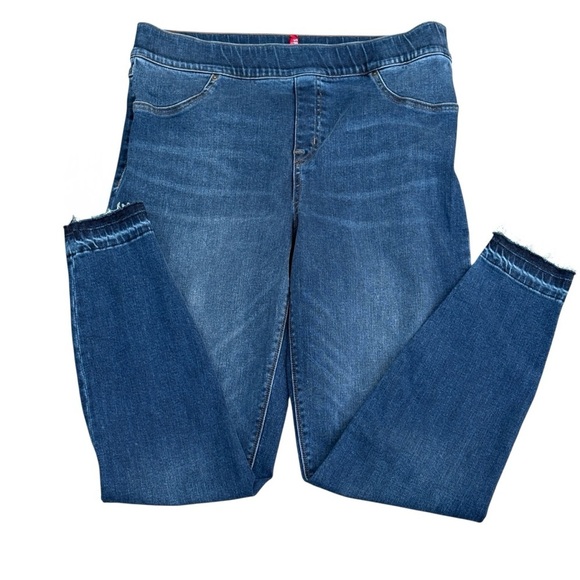 Spanx Pull On Skinny Jeans Size XL Tall Dark Wash Distressed Stretch - Picture 2 of 6